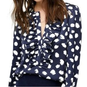 J.CREW Ruffle Collar Long Sleeve Blouse In Blue And White Size XXS NWT'S